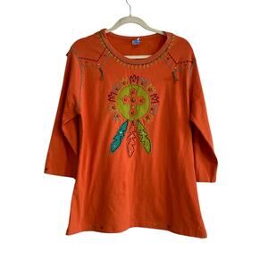 Y2K Sassy Sistas Orange Embroidered Biker Native American Loose Fit Top size XL